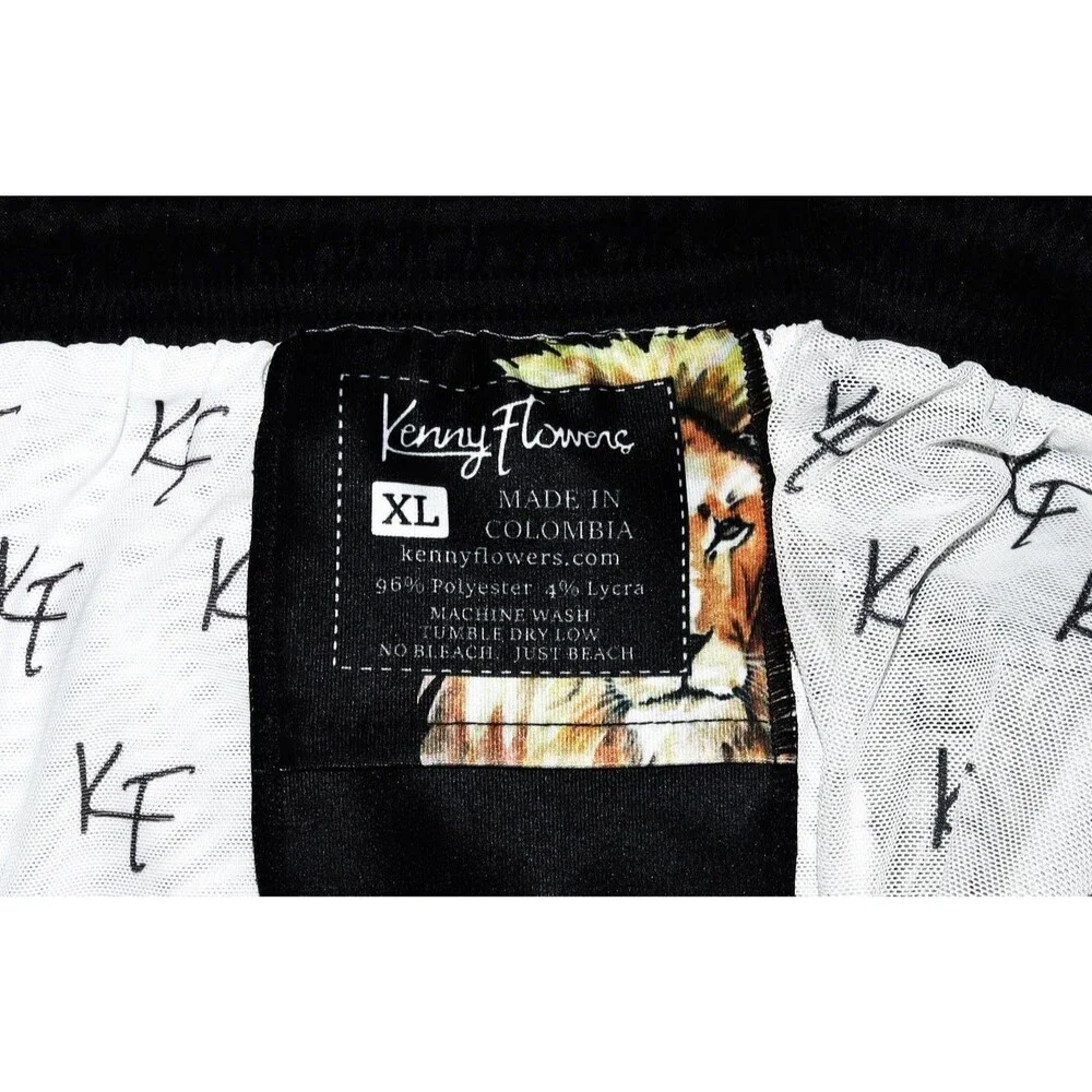 Kenny Flowers Men's Lion Print Black Mesh Lined Pockets Swim Trunks Size XL